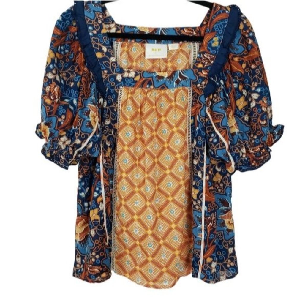 Anthropologie Blue and Orange Floral Blouse